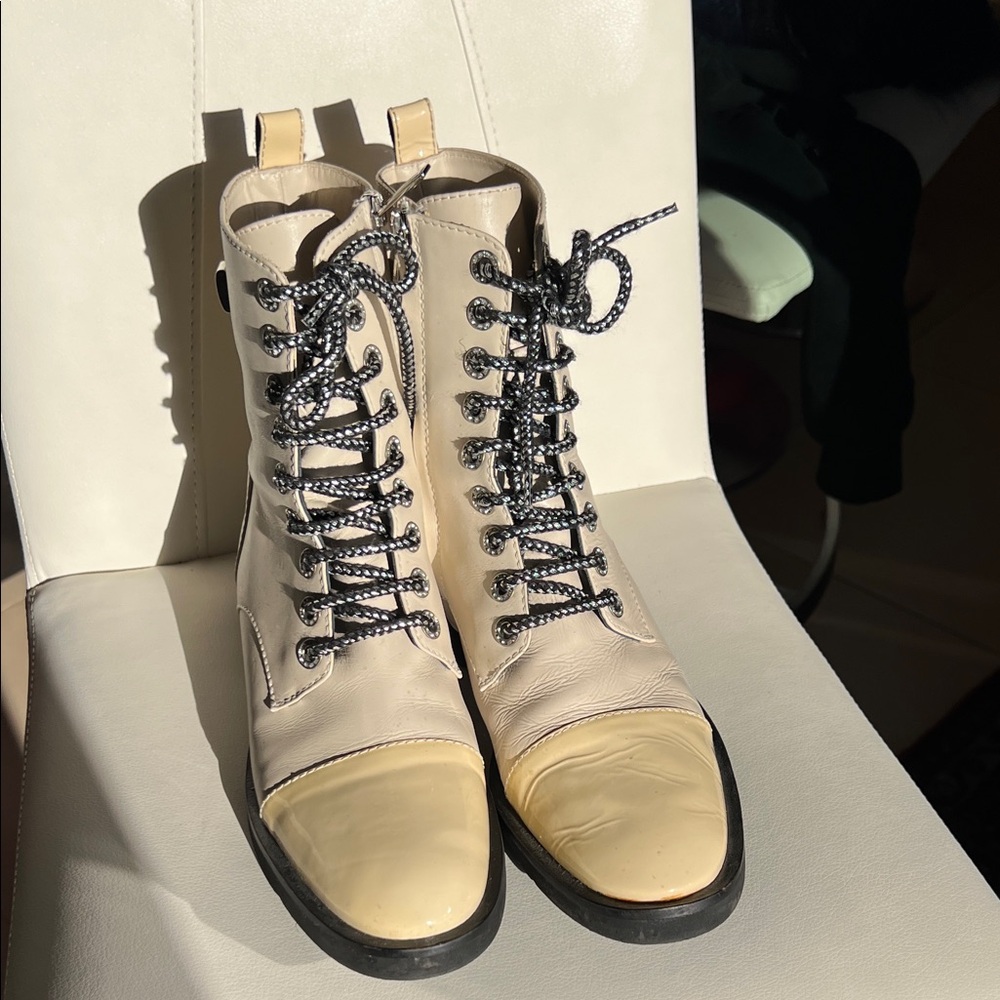 Baldinini Cream and Black Lace-Up Boots with side zipper and bejeweled details